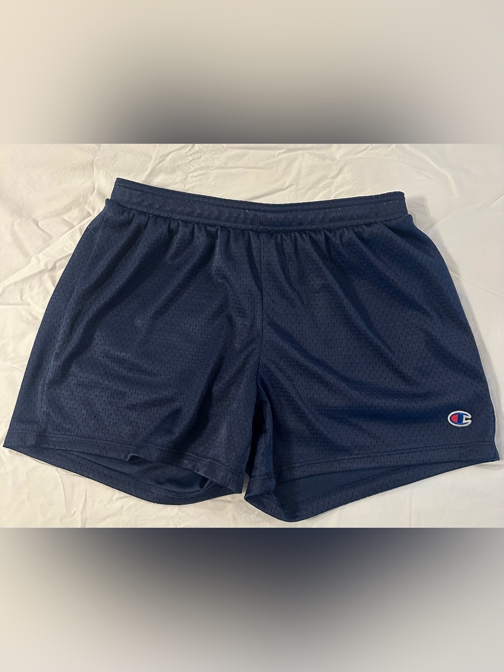 Champion Navy Blue Athletic Shorts with Red & White Waistband